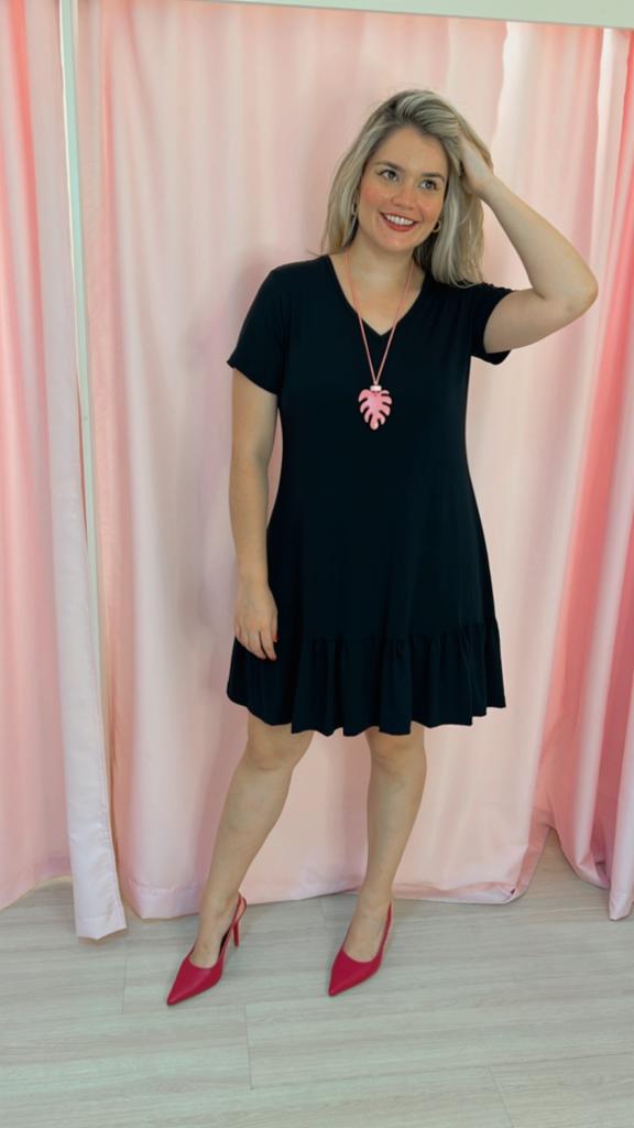 Vestido com Babado Gola V e Manga Curta Verona